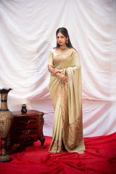 Light Pista Green Pure Khaddi Georgette Silk Banarasi Handloom Saree With Hadowven Shikargah Border In Antique Zari